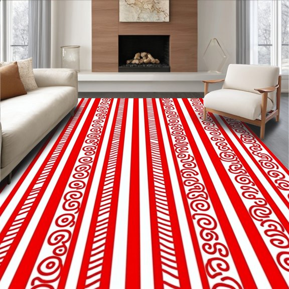 ODIKA 2x3 Machine Washable Non-Slip Area Rug, Cane Stripe Whimsical Holiday Doormat High Traffic Rug with Pad, Red, 735267