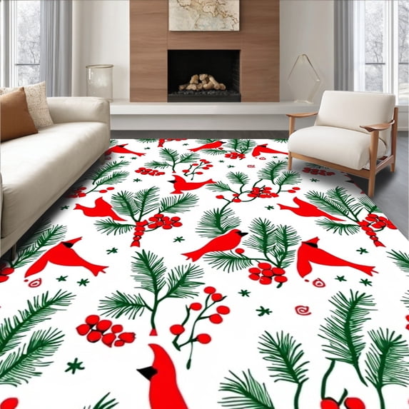 ODIKA 2'x3' Machine Washable Non-Slip Area Rug, Cardinal Pine Branch Motif Floor Covering Pair Yuletide Theme High Traffic Rug with Pad, Red, 629910