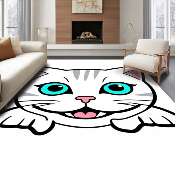 ODIKA 2x3 Machine Washable Non-Slip Area Rug, Cartoon Cat with Sweet Smile and Bold Outlined Features High Traffic Rug, White, 724441