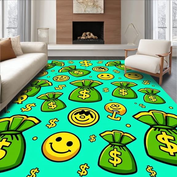 ODIKA 2x3 Machine Washable Non-Slip Area Rug, Cartoon Character Money Bag Motif Anti Slip Decorative Covering High Traffic Rug, Green, 719738