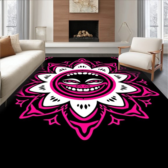 ODIKA 2x3 Machine Washable Non-Slip Area Rug, Cartoon Evil Flower Design with Smiling Phantom Details High Traffic Rug, Pink, 728172