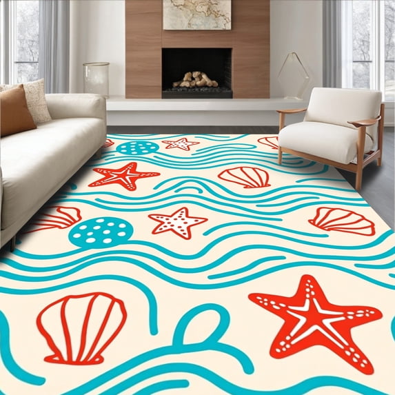 ODIKA 2'x3' Machine Washable Non-Slip Area Rug, Cartoon Seashell Wave with Starfish and Sand Dollar Motifs High Traffic Rug with Pad, Beige, 729569