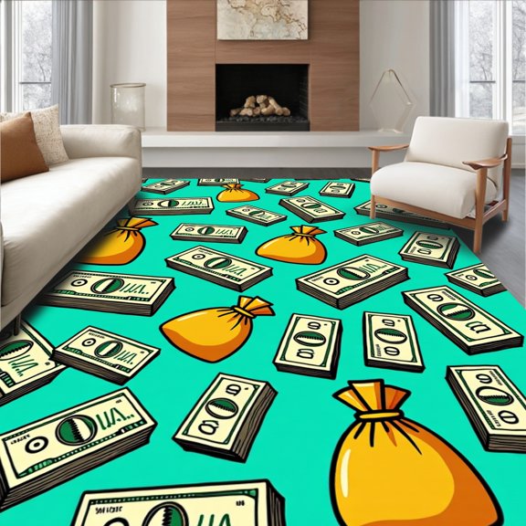 ODIKA 2x3 Machine Washable Non-Slip Area Rug, Cash Stack Dollar Bills Artistic Cartoon High Traffic Rug, Teal, 719696