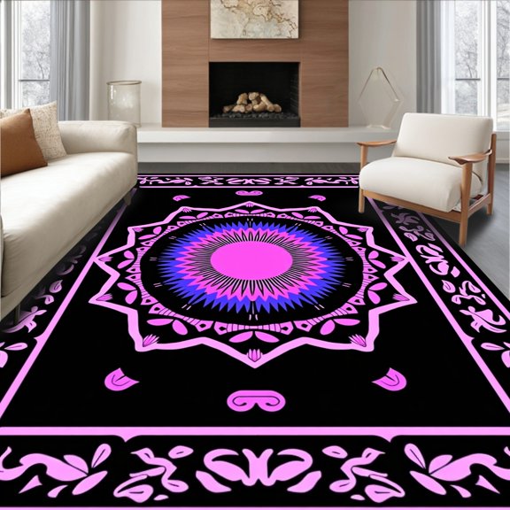 ODIKA 2x3 Machine Washable Non-Slip Area Rug, Celestial Burst with Radiant Ombre and Subtle Floral Echoes High Traffic Rug, Black, 351133