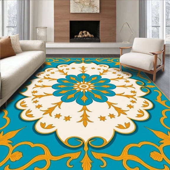 ODIKA 2x3 Machine Washable Non-Slip Area Rug, Celestial Medallion Interlocking with Whimsical Botanical Motifs High Traffic Rug, Blue, 448159