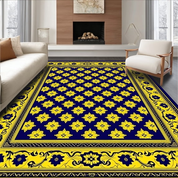 ODIKA 2'x3' Machine Washable Non-Slip Area Rug, Celestial Mosaic with Interlocking Diamonds and Ornamental Filigree High Traffic Rug with Pad, Blue, 611655