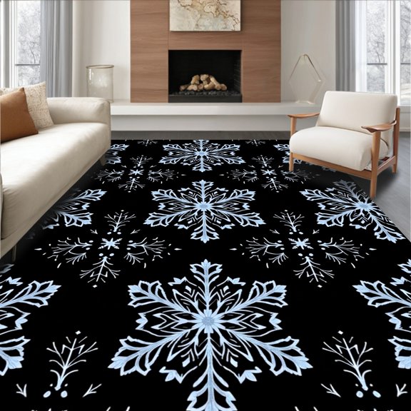 ODIKA 2x3 Machine Washable Non-Slip Area Rug, Celestial Snowflake Christmas Tree Skirt with Sparkling Motifs High Traffic Rug, Black, 631285