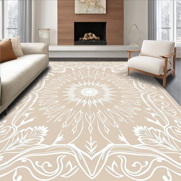 ODIKA 2x3 Machine Washable Non-Slip Area Rug, Celestial Swirl Motif with Starburst and Snow Crystal Accents High Traffic Rug, Beige, 632104