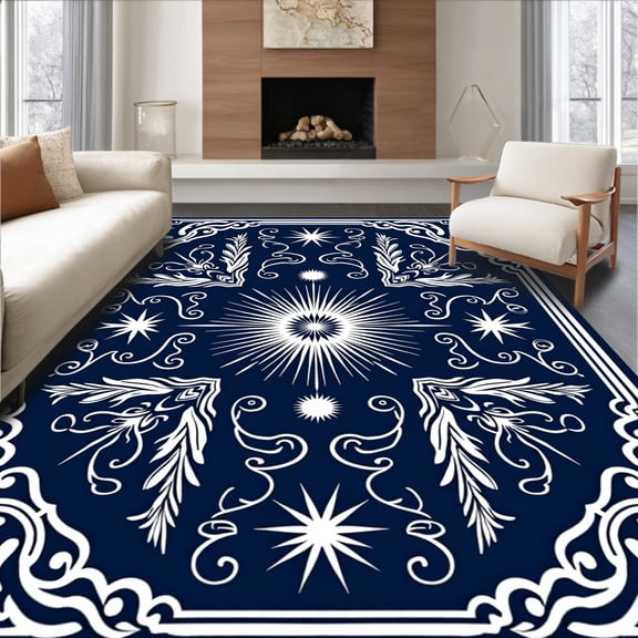 ODIKA 2x3 Machine Washable Non-Slip Area Rug, Celestial Swirl with Starburst Motifs and Elegant Scrollwork Accents High Traffic Rug, Blue, 483841