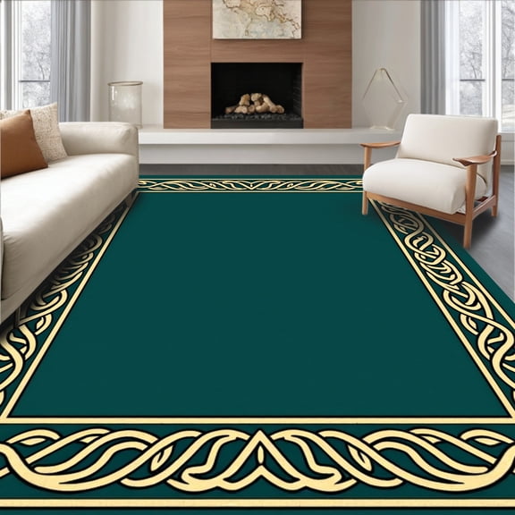 ODIKA 2x3 Machine Washable Non-Slip Area Rug, Celtic Knot Border Design Slip Resistant Entryway High Traffic Rug, Gold, 592846