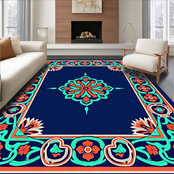 ODIKA 2x3 Machine Washable Non-Slip Area Rug, Celtic Knotwork Motif with Stylized Blossoms and Ornate Vines High Traffic Rug, Blue, 516622
