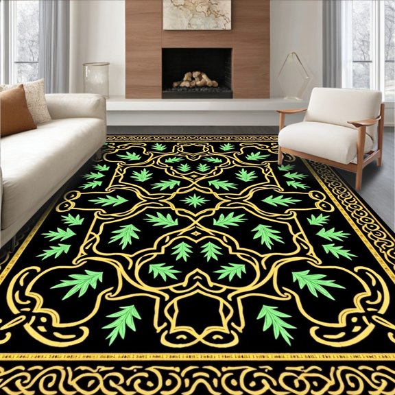 ODIKA 2x3 Machine Washable Non-Slip Area Rug, Celtic Knotwork Swirl Festive Evergreen Inspired Art High Traffic Rug, Black, 624263