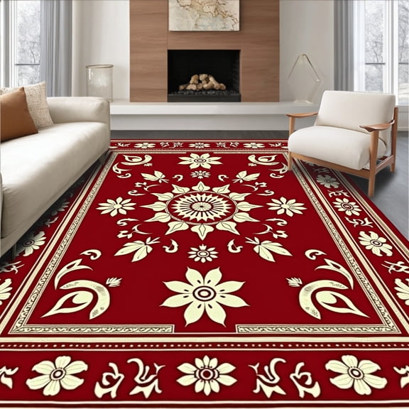 ODIKA 2x3 Machine Washable Non-Slip Area Rug, Chakra Flower Meditation with Energy Symbols High Traffic Rug, Red, 706863