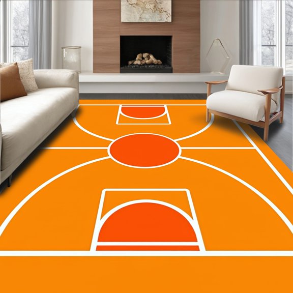ODIKA 2x3 Machine Washable Non-Slip Area Rug, Championship Hoop Game Parquet Floor Design Decorative High Traffic Rug, Orange, 670167