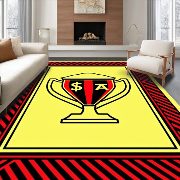 ODIKA 2x3 Machine Washable Non-Slip Area Rug, Championship Trophy Crest Interlocking Border with Dynamic Stripe Design High Traffic Rug, Yellow, 676652