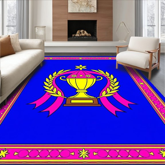 ODIKA 2x3 Machine Washable Non-Slip Area Rug, Championship Trophy Medallion Sports High Traffic Rug, Blue, 669407