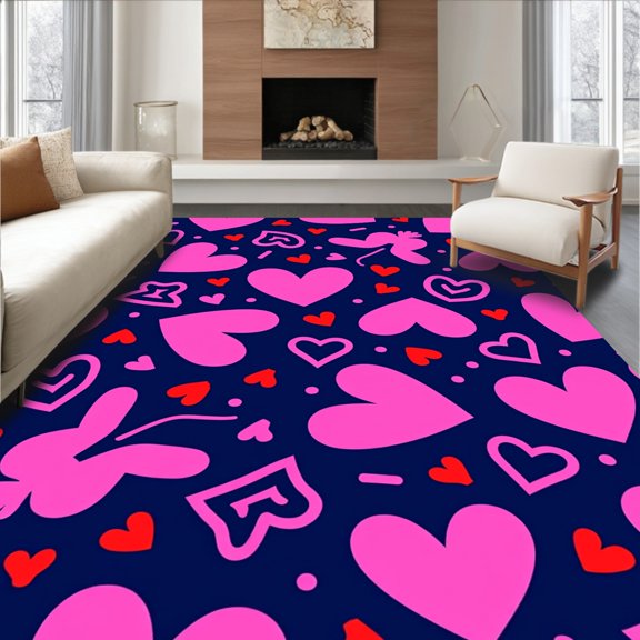 ODIKA 2'x3' Machine Washable Non-Slip Area Rug, Charming Animal Doormat Featuring Love Symbol Motifs High Traffic Rug, Blue, 725260