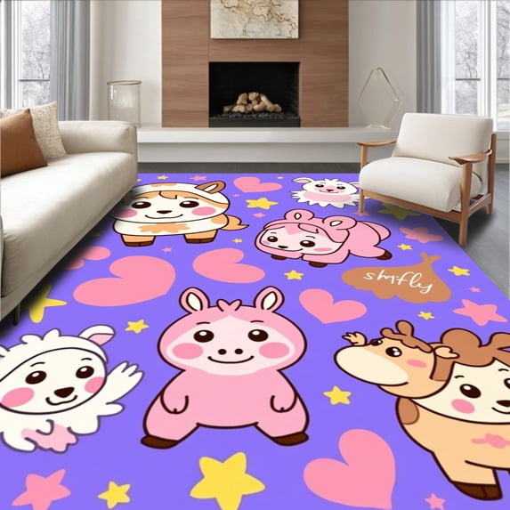 ODIKA 2'x3' Machine Washable Non-Slip Area Rug, Charming Barnyard Friends Indoor with Animated Livestock Graphics High Traffic Rug, Purple, 681305