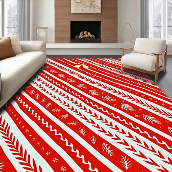 ODIKA 2'x3' Machine Washable Non-Slip Area Rug, Charming Cane Stripe with Playful Evergreen Branch Sprigs High Traffic Rug with Pad, Red, 621785