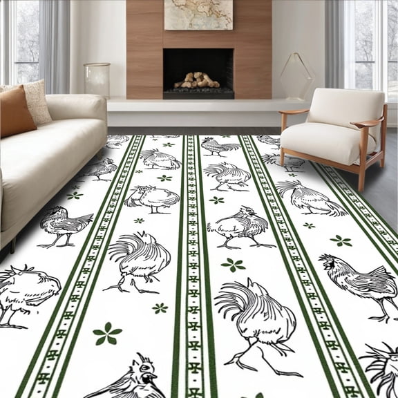 ODIKA 2x3 Machine Washable Non-Slip Area Rug, Charming Country Rooster Sketches with Striped and Floral High Traffic Rug, White, 728434