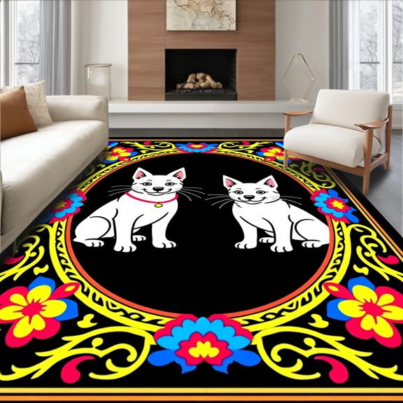 ODIKA 2x3 Machine Washable Non-Slip Area Rug, Charming Dog Portraits with Ornate Multicolor Floral Frame High Traffic Rug, Black, 745162