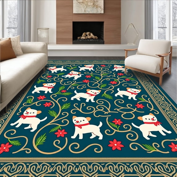 ODIKA 2'x3' Machine Washable Non-Slip Area Rug, Charming Holiday Pup And Holly Berries With Intricate Interlocking Swirls High Traffic Rug with Pad, Teal, 623537