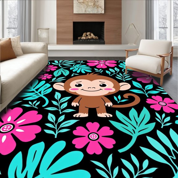 ODIKA 2x3 Machine Washable Non-Slip Area Rug, Charming Jungle Friends Featuring Smiling Monkey and Tropical Flora High Traffic Rug with Pad, Black, 726319