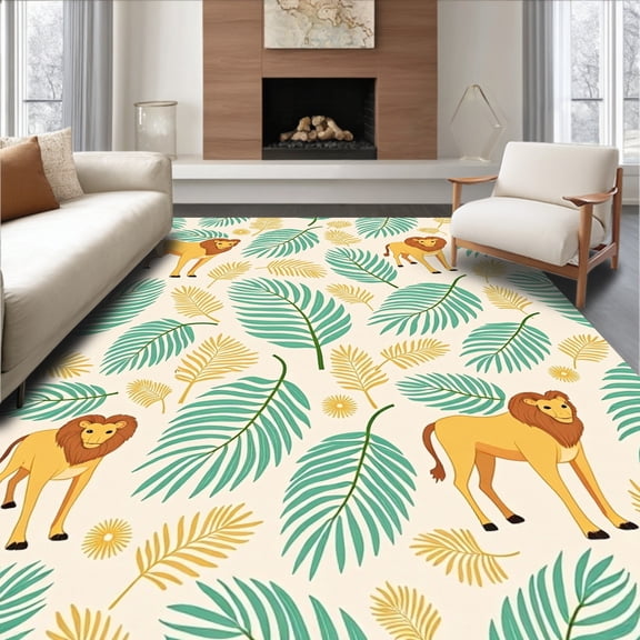 ODIKA 2x3 Machine Washable Non-Slip Area Rug, Charming Lion and Giraffe Adventure with Playful Monkey Palm Fronds High Traffic Rug, Ivory, 684009