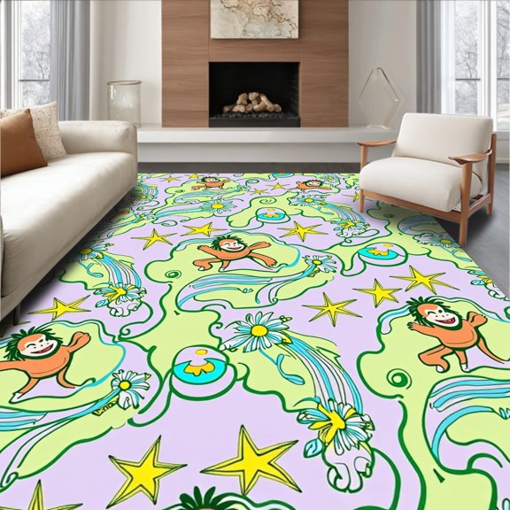ODIKA 2x3 Machine Washable Non-Slip Area Rug, Charming Monkey Parade Design Featuring Swirling and Bursts High Traffic Rug with Pad, Purple, 720807