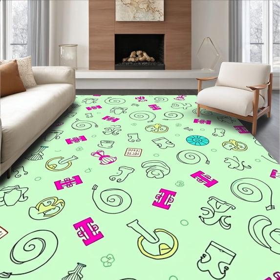 ODIKA 2'x3' Machine Washable Non-Slip Area Rug, Charming Notation Adventure with Scattered Letters and Swirling Clefs High Traffic Rug with Pad, Green, 693689