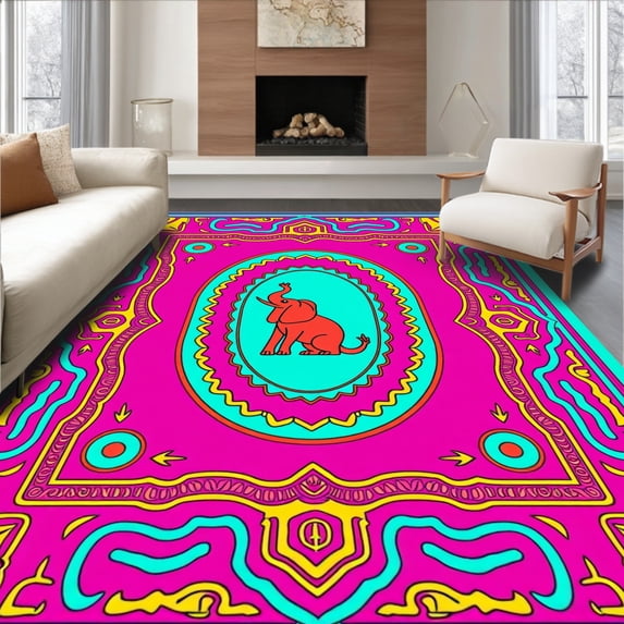 ODIKA 2'x3' Machine Washable Non-Slip Area Rug, Cheerful Animal Parade Featuring Elephant with Abstract Accents High Traffic Rug, Pink, 726524