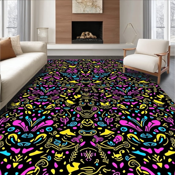 ODIKA 2'x3' Machine Washable Non-Slip Area Rug, Cheerful Cat Parade with Multicolor Illuminated Dots and Shapes High Traffic Rug, Black, 508912