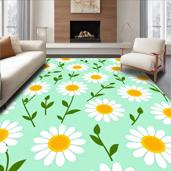 ODIKA 2x3 Machine Washable Non-Slip Area Rug, Cheerful Daisy Chain Floral Motif Floor Covering High Traffic Rug, Green, 717577