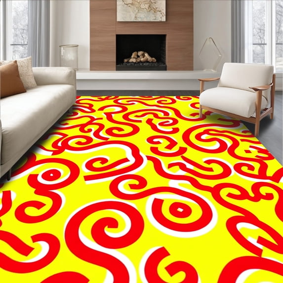 ODIKA 2'x3' Machine Washable Non-Slip Area Rug, Cheerful Holiday Spiral with Bold Twisting Ribbons High Traffic Rug with Pad, Yellow, 623436
