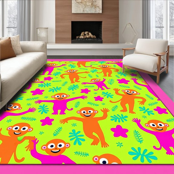 ODIKA 2x3 Machine Washable Non-Slip Area Rug, Cheerful Jungle Animal Featuring Cartoon Monkey Friends High Traffic Rug with Pad, Green, 726342