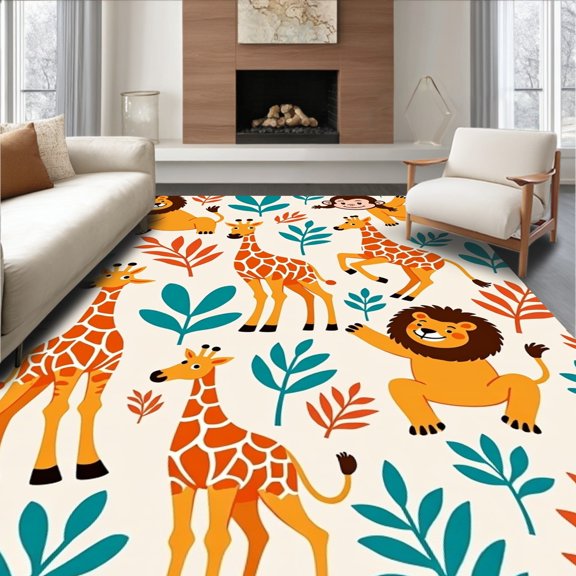 ODIKA 2x3 Machine Washable Non-Slip Area Rug, Cheerful Jungle Critters Illustration Lion Monkey Giraffe Design High Traffic Rug with Pad, Orange, 683995