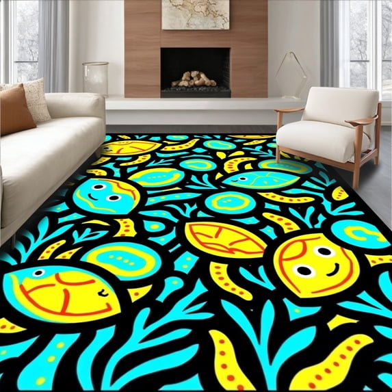 ODIKA 2'x3' Machine Washable Non-Slip Area Rug, Cheerful Marine Cartoon Latch Hook Design High Traffic Rug with Pad, Black, 726642