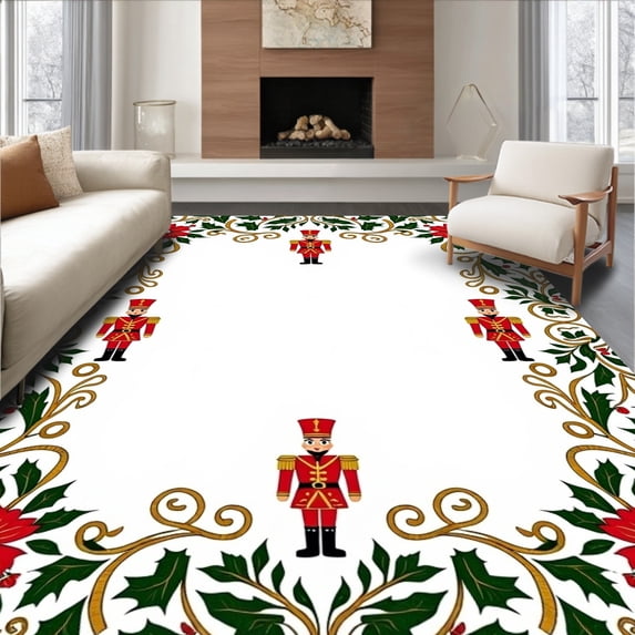 ODIKA 2'x3' Machine Washable Non-Slip Area Rug, Cheerful Nutcracker Parade Surrounded by Holly Leaves and Ribbon Swirls High Traffic Rug with Pad, Red, 732232