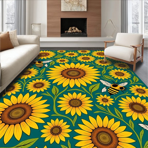 ODIKA 2'x3' Machine Washable Non-Slip Area Rug, Cheerful Sunflower Patch with Buzzing Bees and Intertwined Vines High Traffic Rug, Yellow, 637495