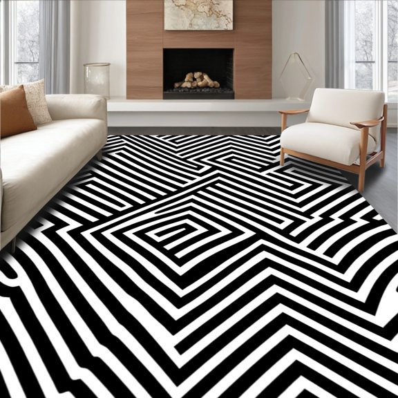 ODIKA 2x3 Machine Washable Non-Slip Area Rug, Chevron Wave Padded Activity with Zigzag Stripe Configuration High Traffic Rug, Black, 477190