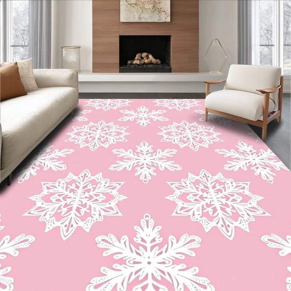 ODIKA 2'x3' Machine Washable Non-Slip Area Rug, Chic Winter Blossom Medallion with Intricate Snowflake Embellishments High Traffic Rug, Pink, 630687