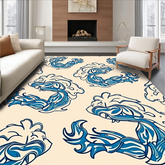 ODIKA 2'x3' Machine Washable Non-Slip Area Rug, Chinese Dragon Cloud Motif Anti Slip Interior High Traffic Rug, Beige, 550734