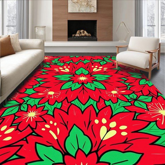 ODIKA 2x3 Machine Washable Non-Slip Area Rug, Christmas Poinsettia Blossom Festive Walkway High Traffic Rug, Red, 603532