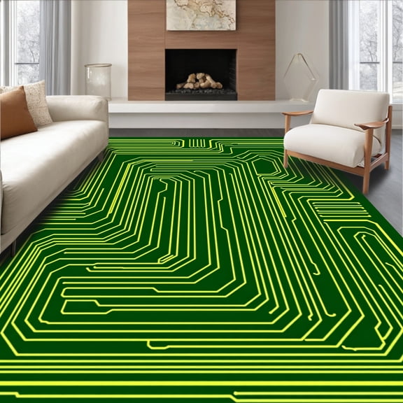 ODIKA 2x3 Machine Washable Non-Slip Area Rug, Circuit Board Maze Tech Inspired Decorative Floor Covering High Traffic Rug, Green, 598630
