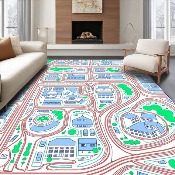 ODIKA 2x3 Machine Washable Non-Slip Area Rug, City Streets Explorer Map With Racing Pathways High Traffic Rug, Red, 696191