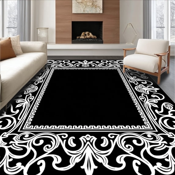 ODIKA 2'x3' Machine Washable Non-Slip Area Rug, Classic Baroque Scrollwork Timeless Nobility Charm High Traffic Rug, Black, 660689