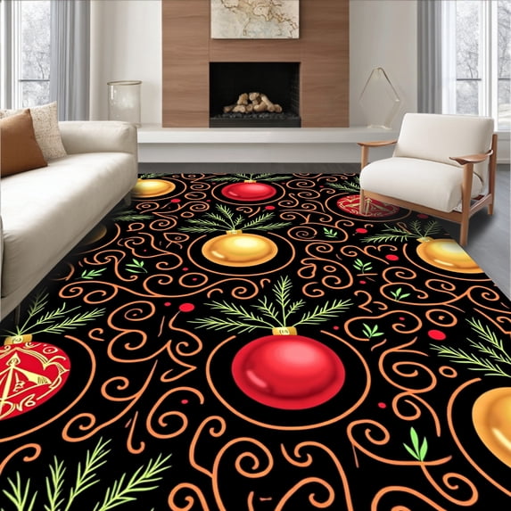 ODIKA 2'x3' Machine Washable Non-Slip Area Rug, Classic Christmas Ornaments with Interlocking Swirls and Pine High Traffic Rug with Pad, Black, 734611