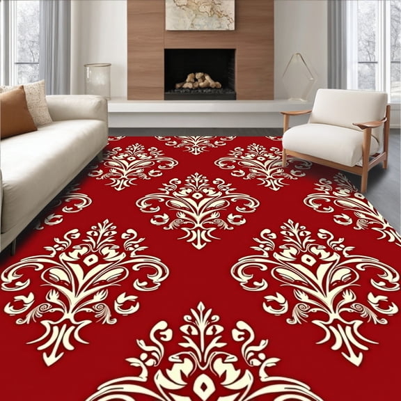 ODIKA 2'x3' Machine Washable Non-Slip Area Rug, Classic Damask Flourish with Botanical Motifs High Traffic Rug, Red, 518759