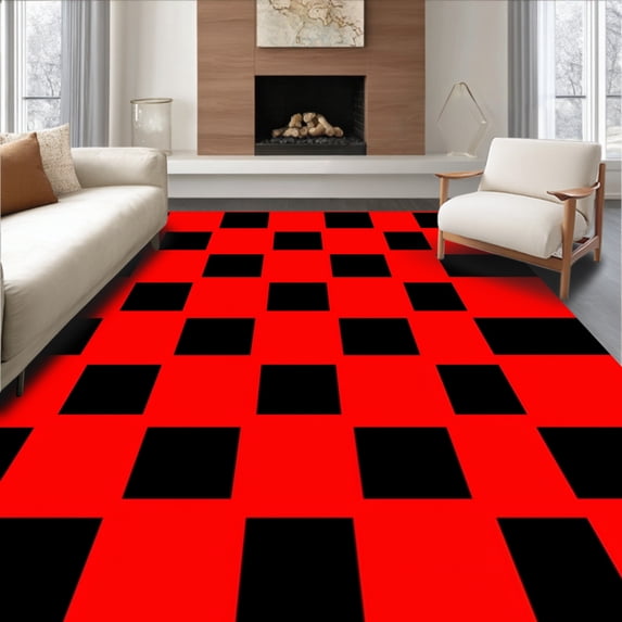 ODIKA 2'x3' Machine Washable Non-Slip Area Rug, Classic Gingham with Bold Contrasting Squares High Traffic Rug, Red, 615862