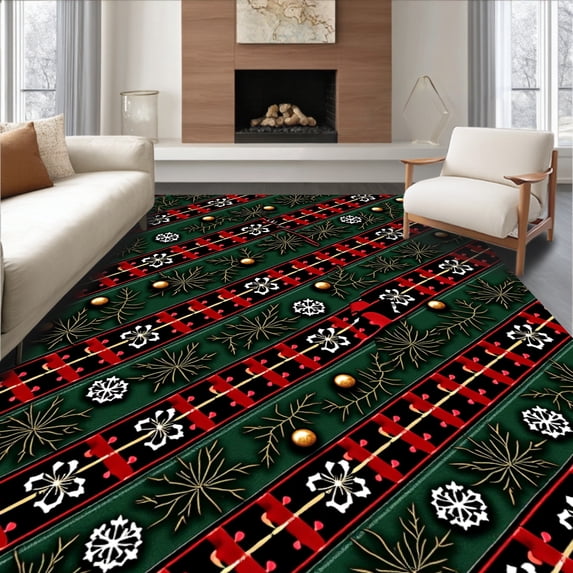 ODIKA 2'x3' Machine Washable Non-Slip Area Rug, Classic Holiday Plaid with Evergreen Branches and Ornament Details High Traffic Rug with Pad, Green, 654395